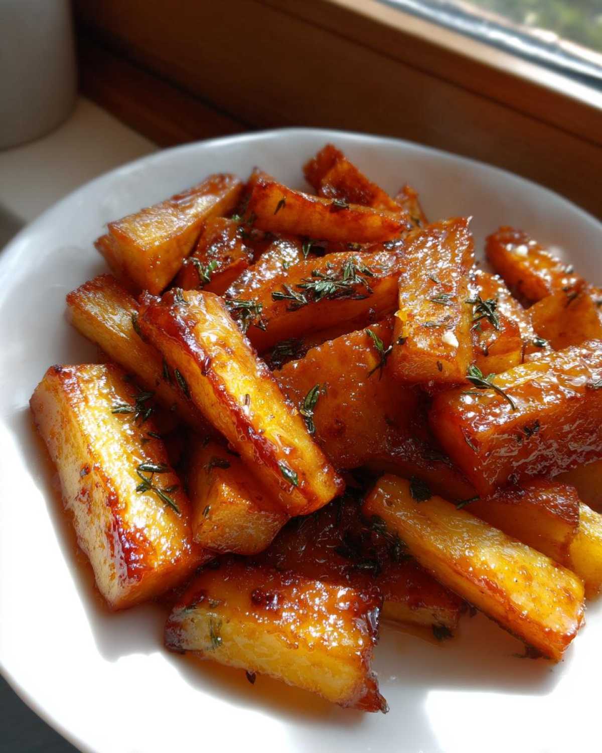 Close-up of glossy, caramelized Maple Roasted Parsnips Side dish sprinkled with fresh herbs.