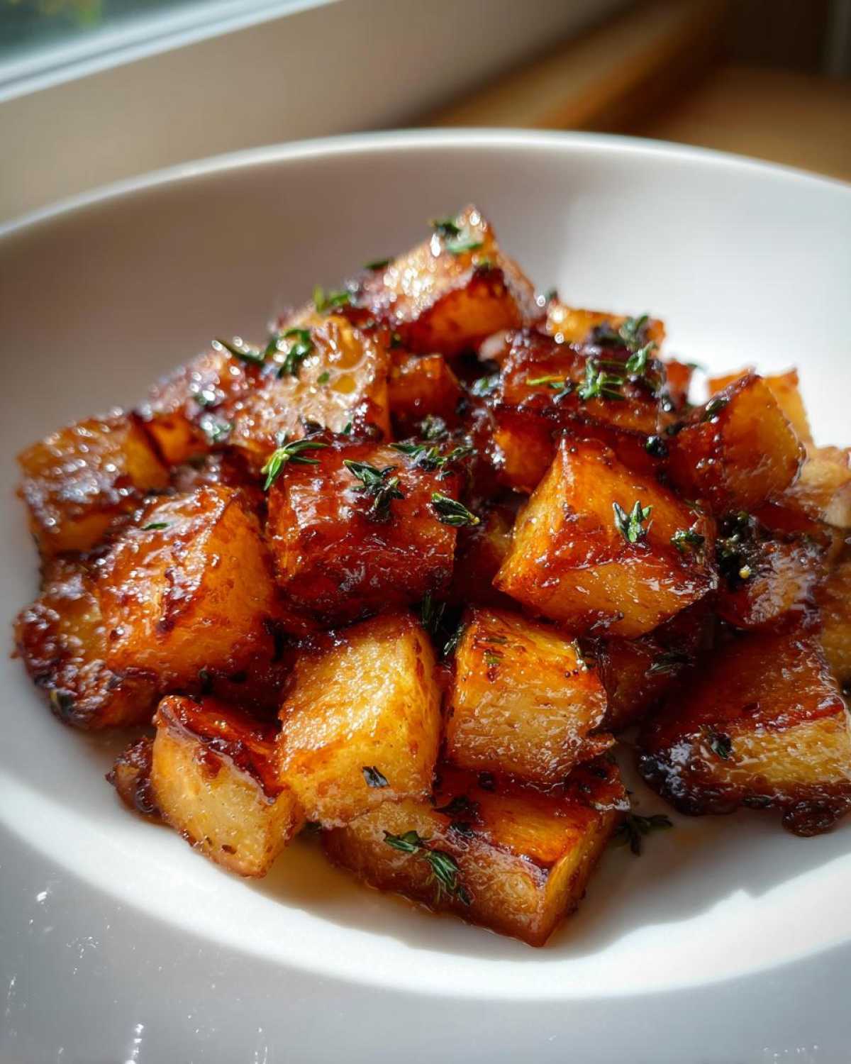 Close-up of glossy, caramelized Maple Roasted Parsnips Side dish garnished with fresh thyme.