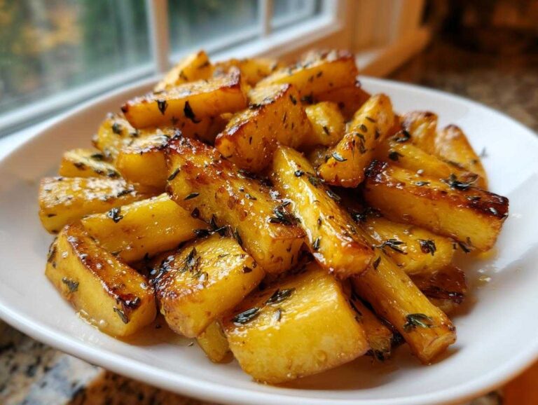 Close-up of glistening Maple Roasted Parsnips Side dish, coated in a sweet glaze and sprinkled with herbs.