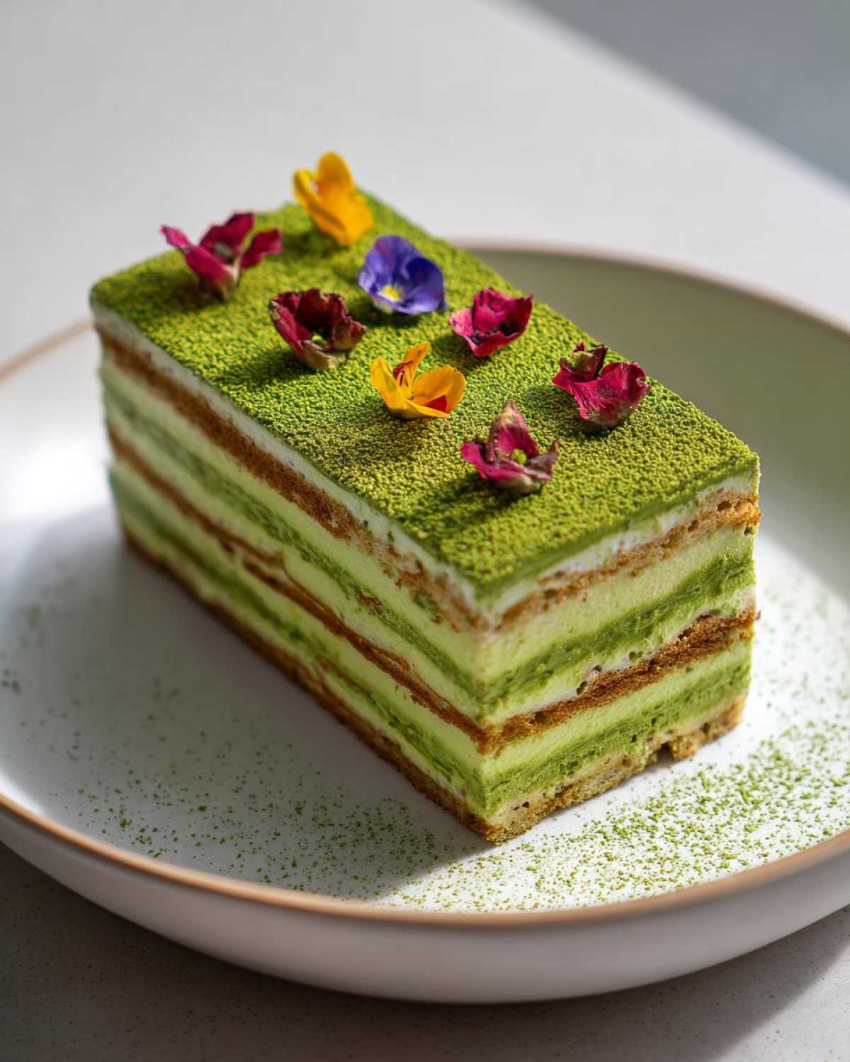 A rectangular slice of layered Matcha Tiramisu topped with vibrant edible flowers.