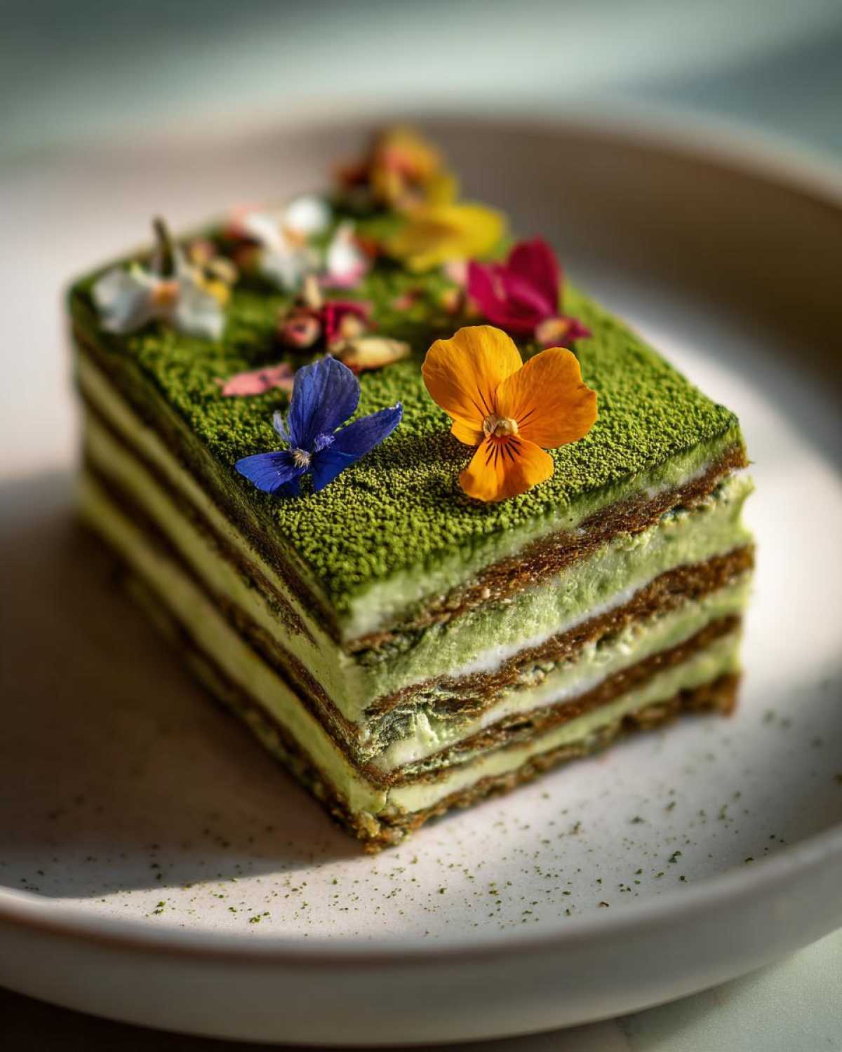 A beautiful, layered slice of Matcha Tiramisu topped with vibrant edible flowers.