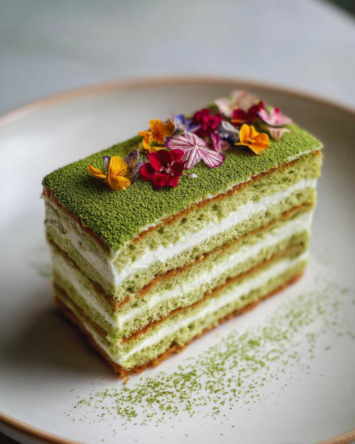 A perfect slice of layered Matcha Tiramisu topped with vibrant edible flowers and matcha powder.