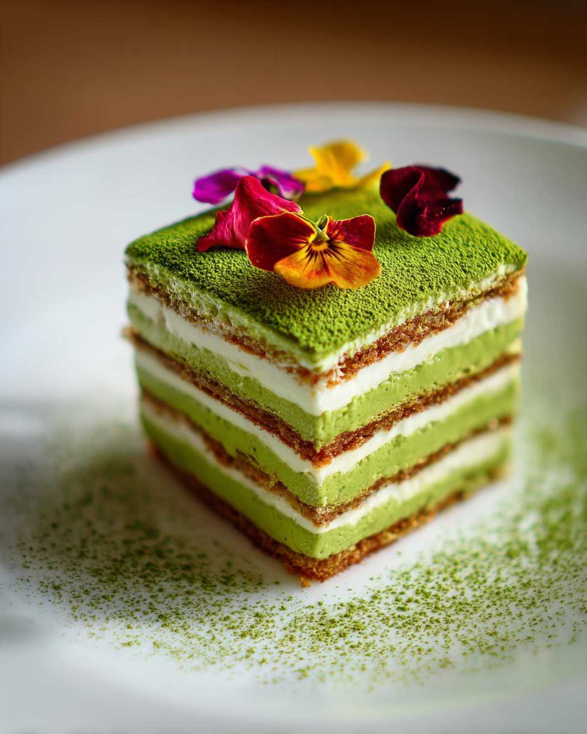 A perfect square slice of layered Matcha Tiramisu topped with colorful edible flowers and dusted with matcha powder.