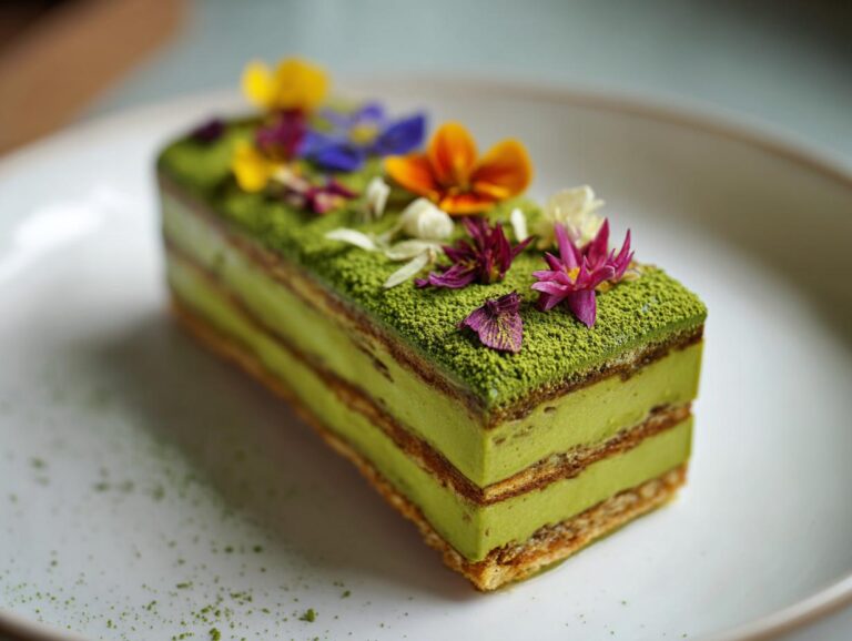 A rectangular slice of vibrant green Matcha Tiramisu with layers, dusted with matcha powder and topped with colorful edible flowers.