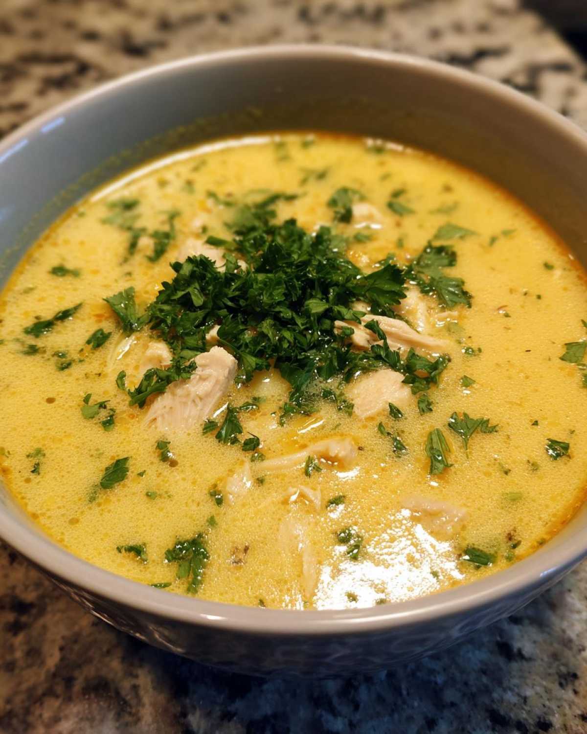 Close-up of a bowl of creamy, yellow Mediterranean Lemon Chicken Soup topped generously with fresh chopped parsley and shredded chicken.