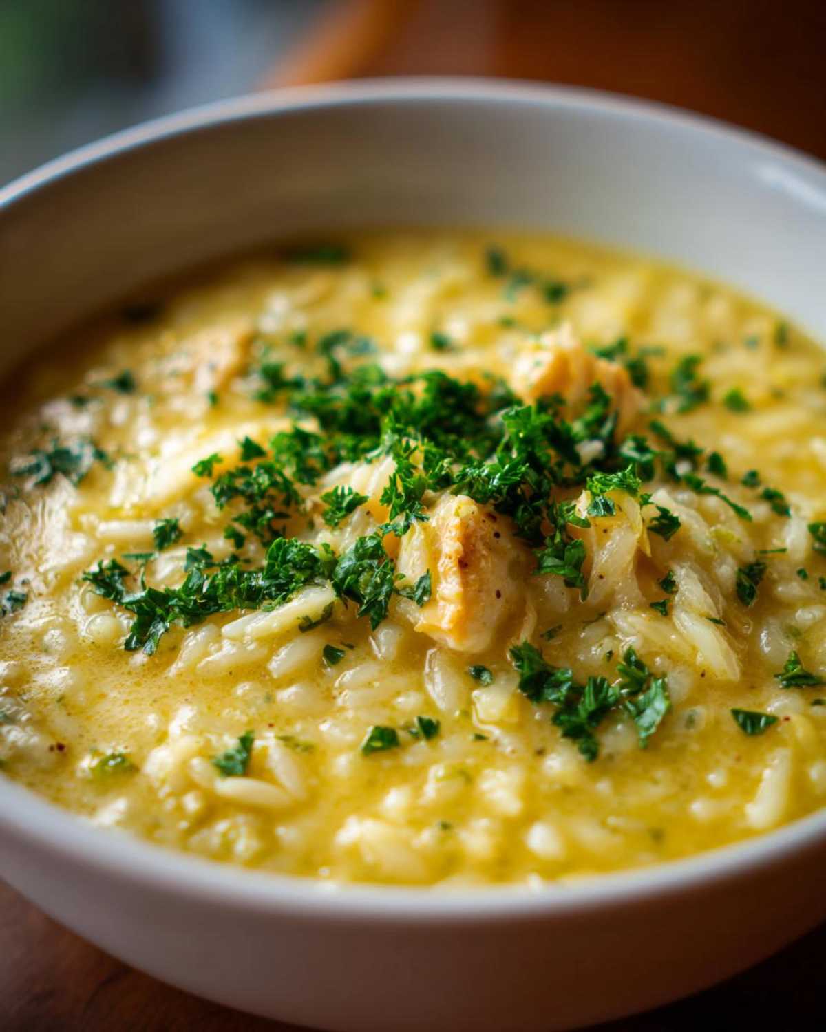 Close-up of a bowl of creamy Mediterranean Lemon Chicken Soup, featuring rice, chicken pieces, and fresh parsley garnish.