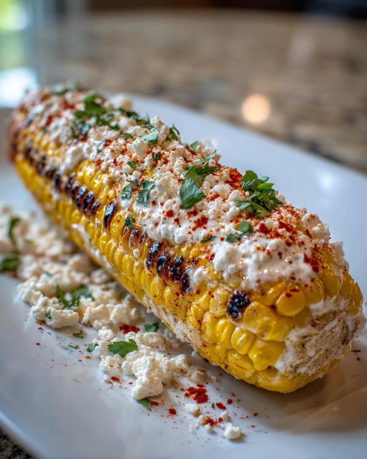Close-up of a grilled ear of Mexican Street Corn (Elote) generously topped with crema, cotija cheese, chili powder, and cilantro.