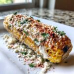 Close-up of grilled Mexican Street Corn (Elote) generously topped with crema, cotija cheese, chili powder, and cilantro.
