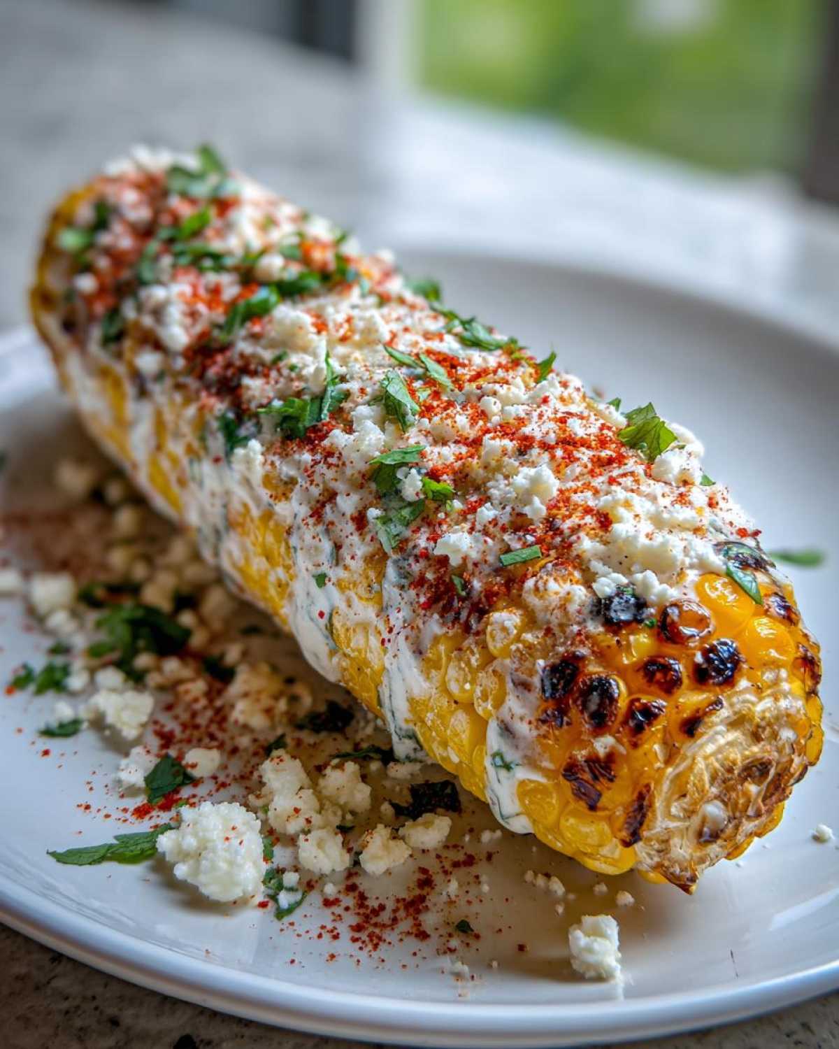 A close-up of a grilled ear of Mexican Street Corn (Elote) slathered in creamy sauce, cotija cheese, and chili powder.