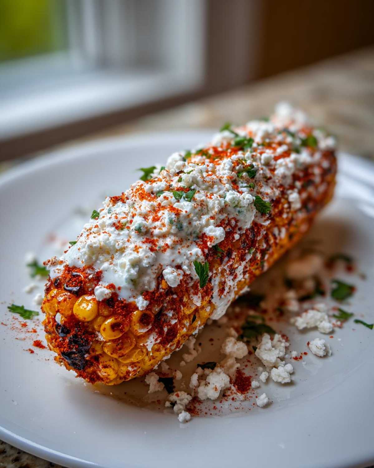 Close-up of a grilled ear of Mexican Street Corn (Elote) generously covered in white cheese, cream, and chili powder.