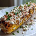 A close-up of a grilled ear of Mexican Street Corn (Elote) generously covered in white sauce, cotija cheese, chili powder, and cilantro.