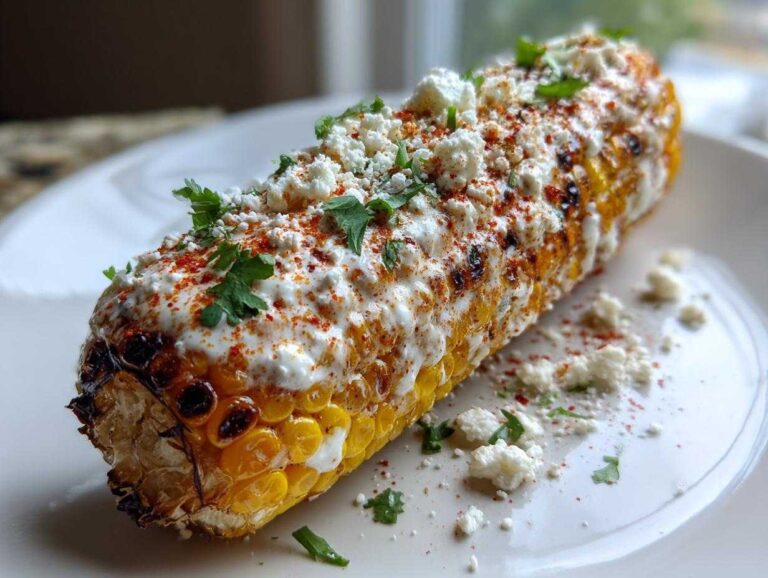 A close-up of a grilled ear of Mexican Street Corn (Elote) generously covered in white sauce, cotija cheese, chili powder, and cilantro.