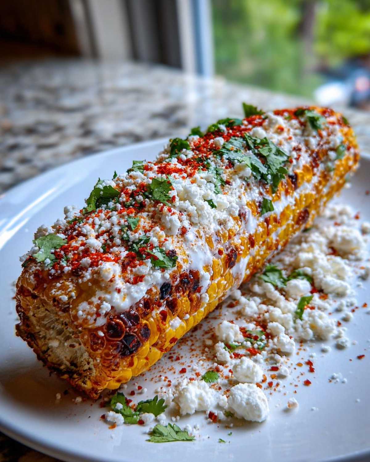 Close-up of a grilled ear of Mexican Street Corn (Elote) generously topped with cotija cheese, cream, chili powder, and cilantro.