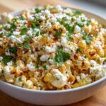 Close-up of a white bowl filled with creamy Mexican Street Corn Salad, topped with crumbled white cheese and fresh cilantro.