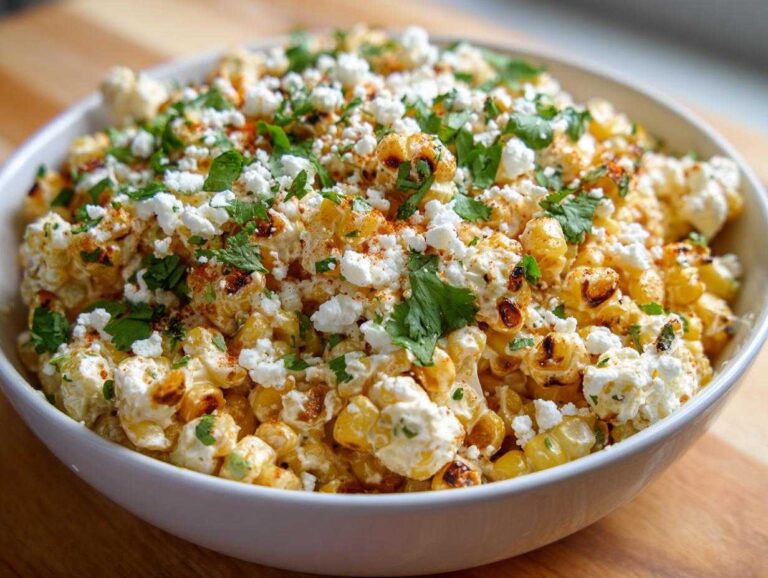 Close-up of a white bowl filled with creamy Mexican Street Corn Salad, topped with crumbled white cheese and fresh cilantro.