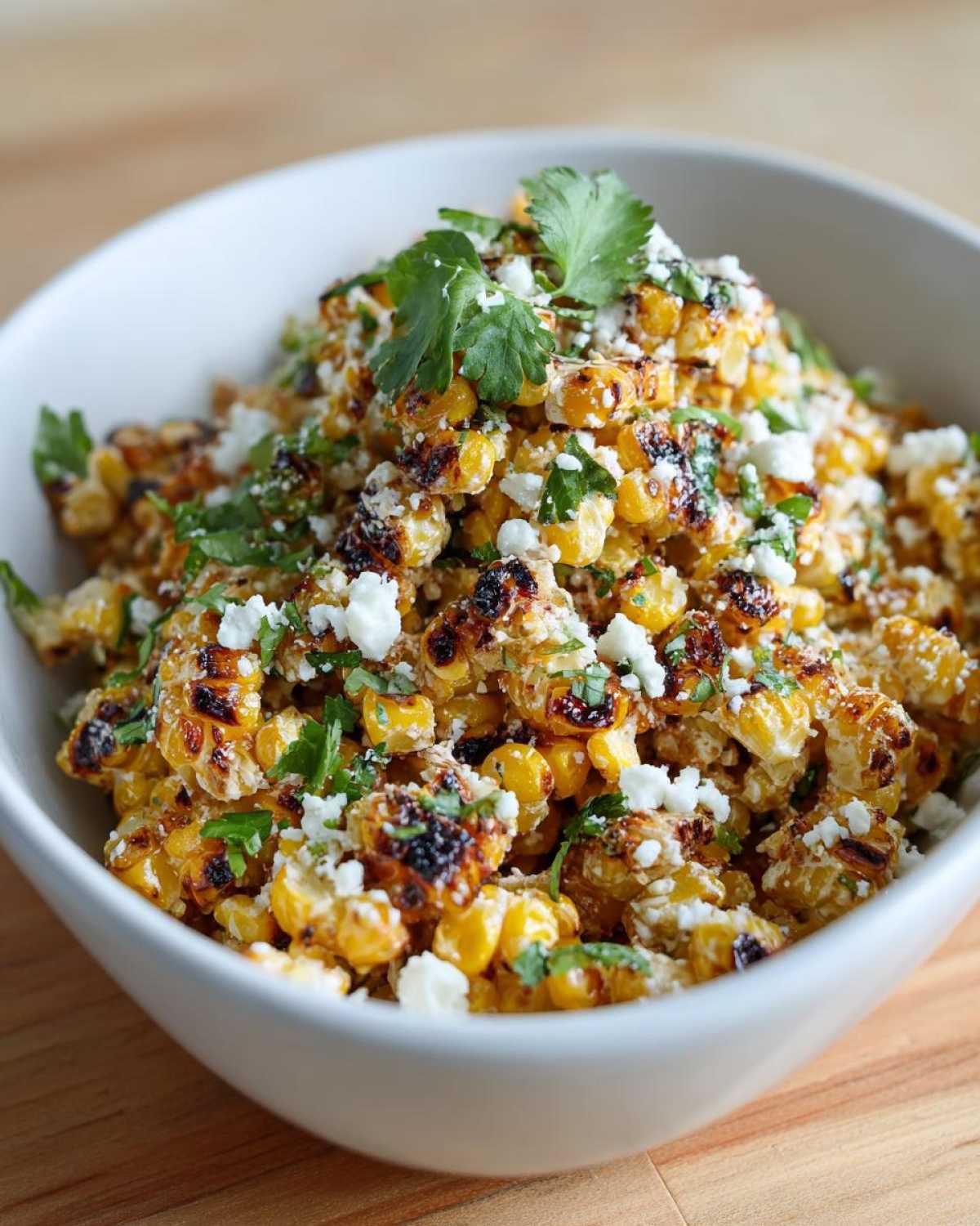 Close-up of charred corn kernels topped with cotija cheese and cilantro, ready to serve as Mexican Street Corn Salad.