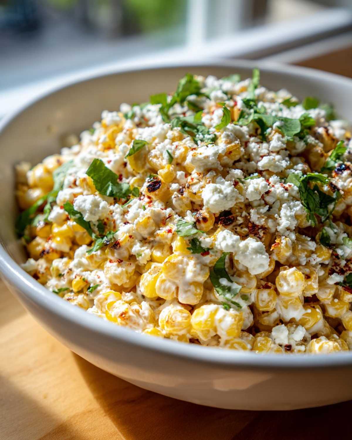 Close-up of creamy Mexican Street Corn Salad topped with crumbled white cheese and cilantro.