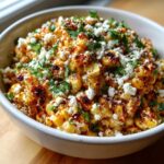 A close-up of creamy, charred Mexican Street Corn Salad topped with crumbled white cheese and fresh cilantro.