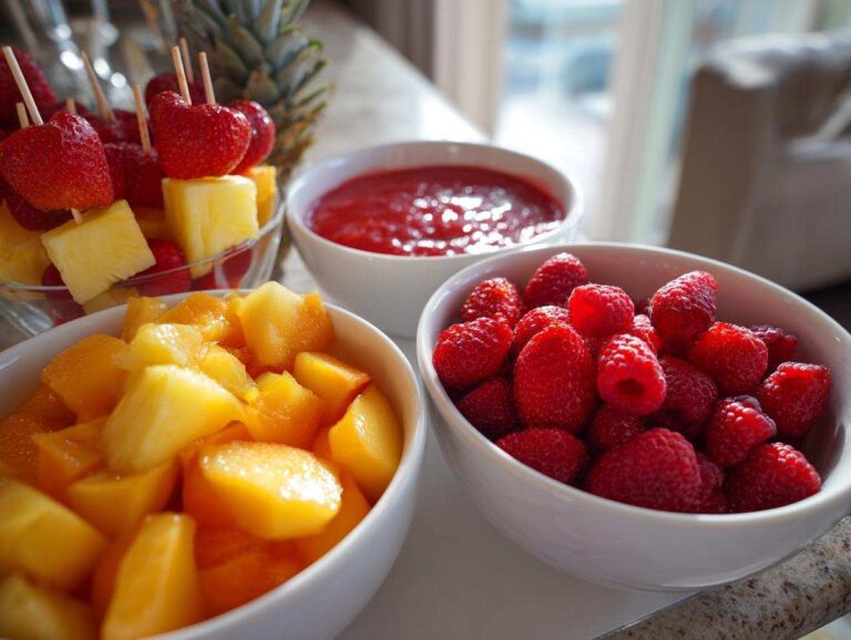 Bowls of fresh raspberries, diced mango, and pineapple skewers ready for Mimosa Bar Fruit Recipes.