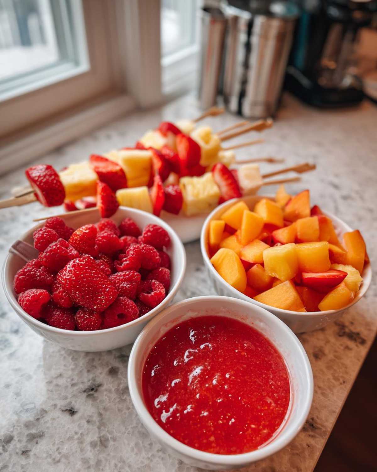 Bowls of fresh raspberries, diced cantaloupe, and strawberry puree, plus fruit skewers, ready for Mimosa Bar Fruit Recipes.