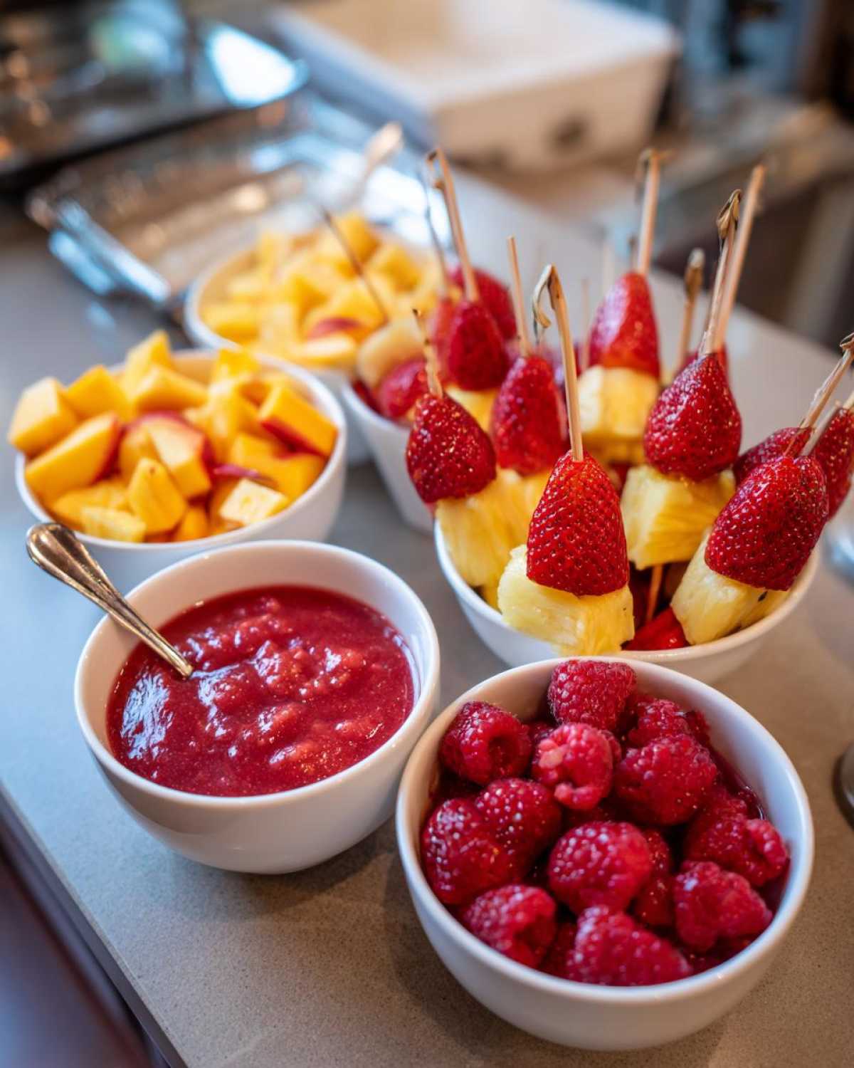 Close-up of various fresh fruit toppings including raspberries, pineapple skewers, and peach chunks for Mimosa Bar Fruit Recipes.