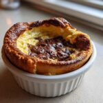 A golden brown, puffed Mini Chocolate Dutch Baby Pancake served in a white fluted ramekin.