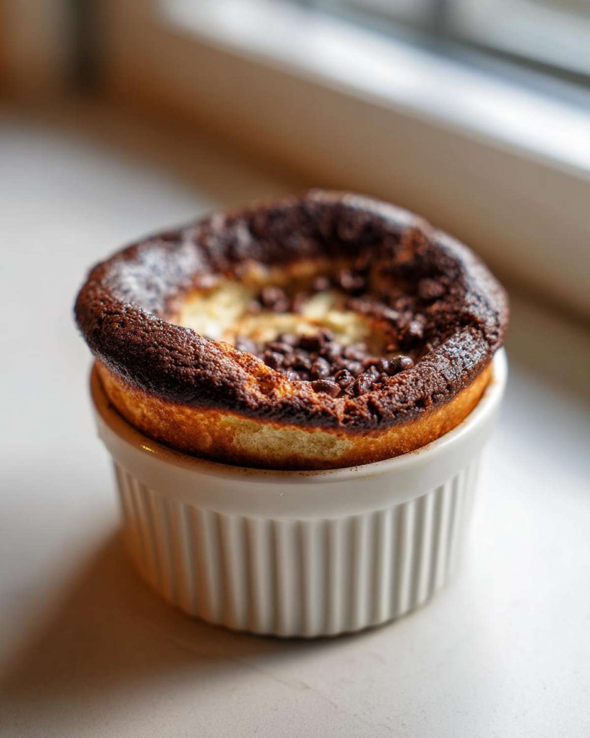 A single, puffed Mini Chocolate Dutch Baby Pancake baked in a white ramekin with melted chocolate chips.
