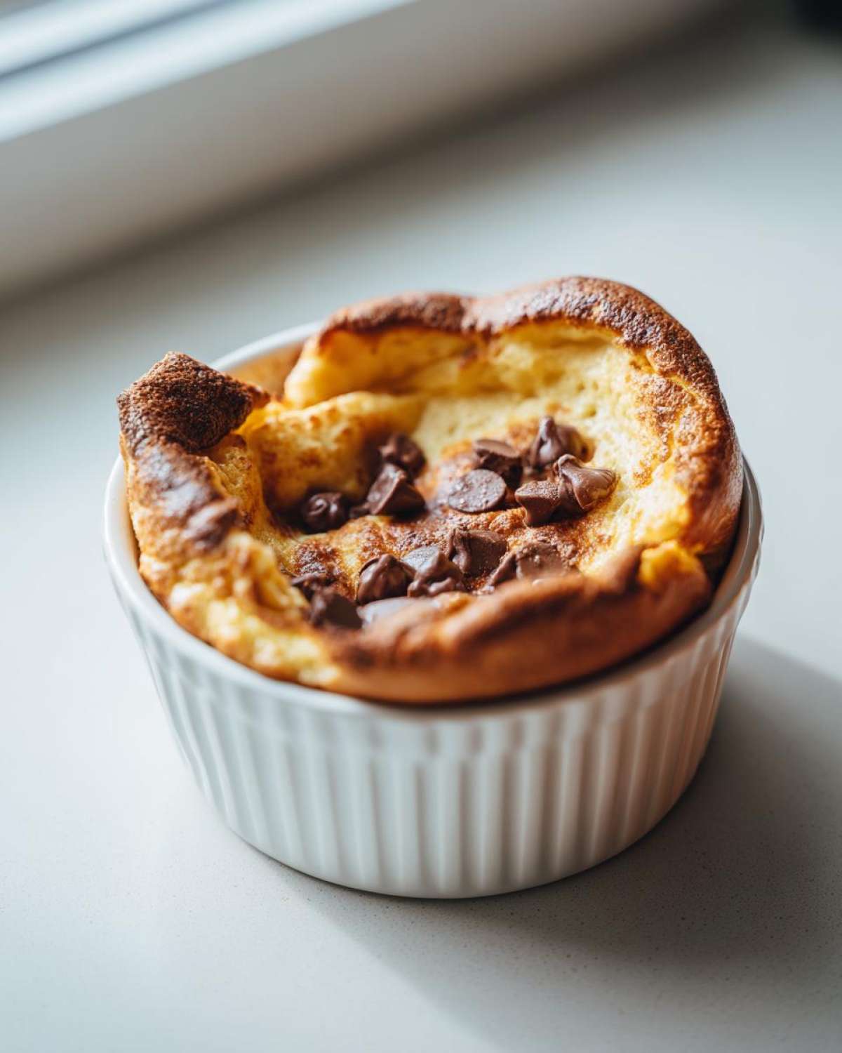 A freshly baked Mini Chocolate Dutch Baby Pancake puffed up in a white ramekin with melted chocolate chips.