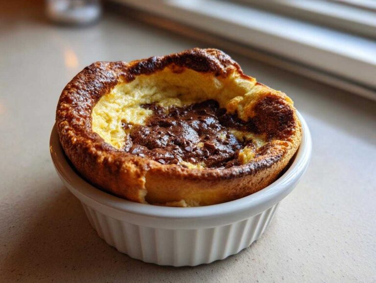 A golden brown, puffed Mini Chocolate Dutch Baby Pancake served in a white fluted ramekin.