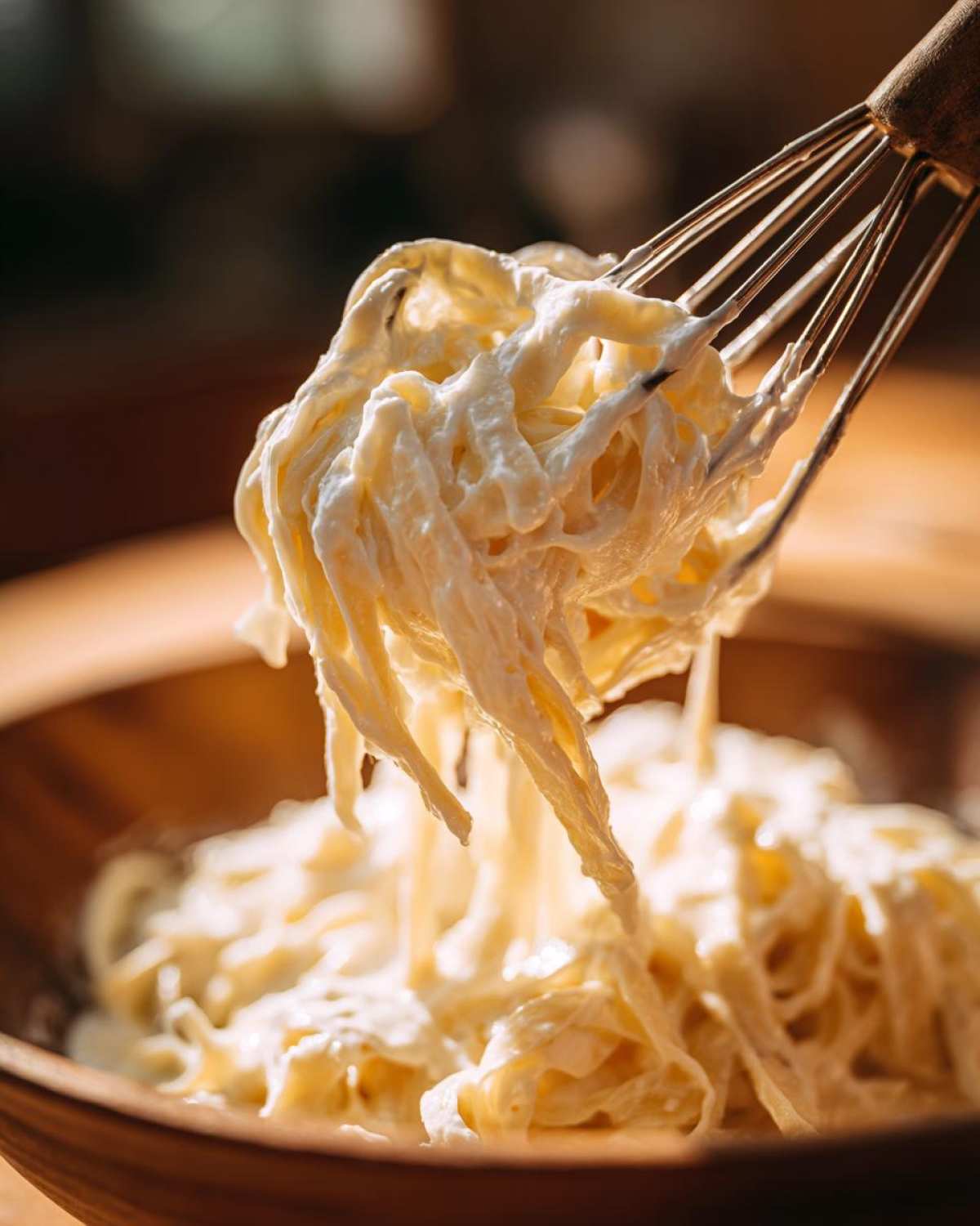 Close-up of pasta being coated in a thick, creamy cottage cheese alfredo sauce using a whisk.