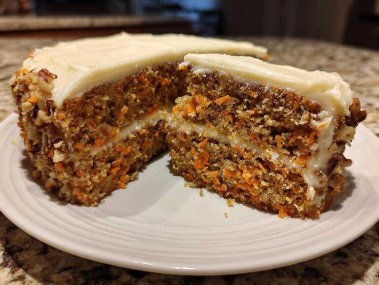 A close-up of a slice of moist carrot cake showing shredded carrots, nuts, and thick cream cheese frosting.