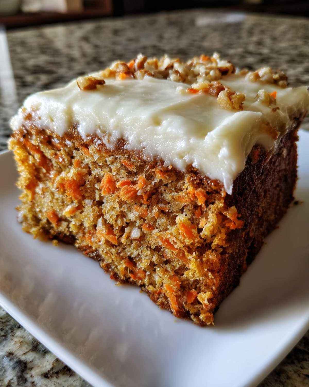 Close-up of a moist slice of carrot cake showing visible shreds of carrot and topped with thick cream cheese frosting and chopped walnuts.