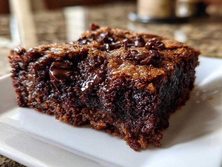 Close-up of a rich, fudgy slice of chocolate cobbler showing melted chocolate chips on a white plate.