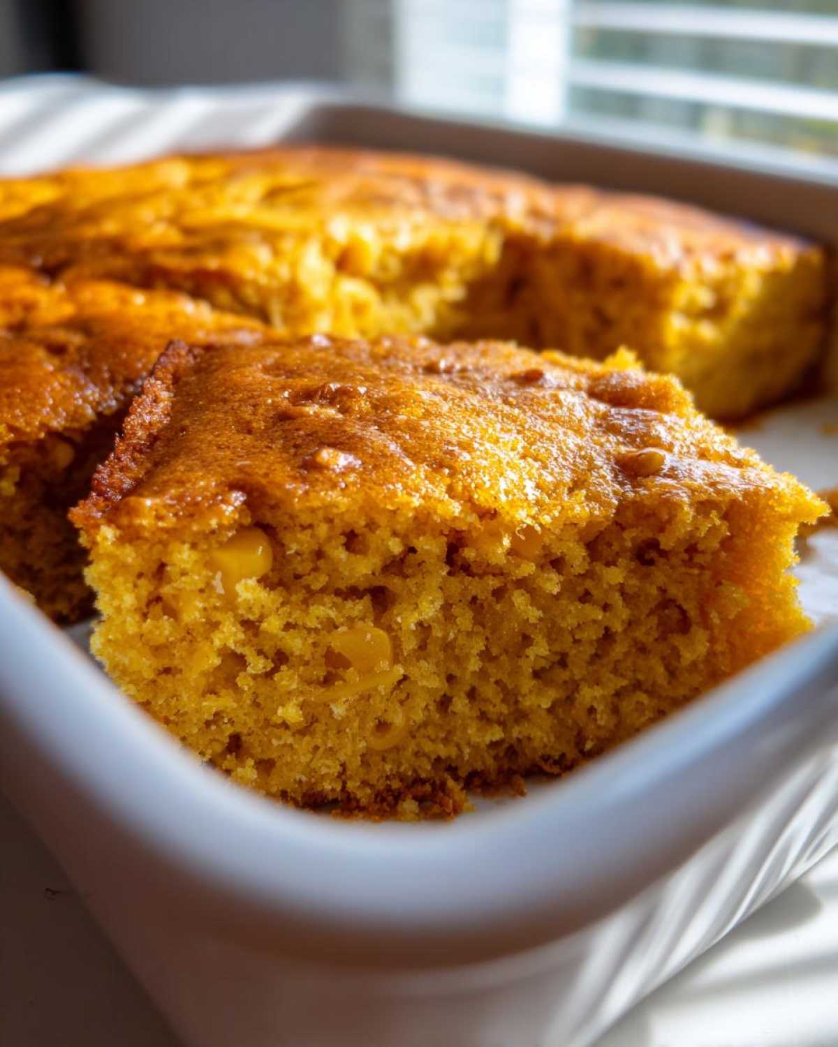 A close-up shot of a golden-brown slice of moist jiffy corn casserole with visible corn kernels in a white baking dish.