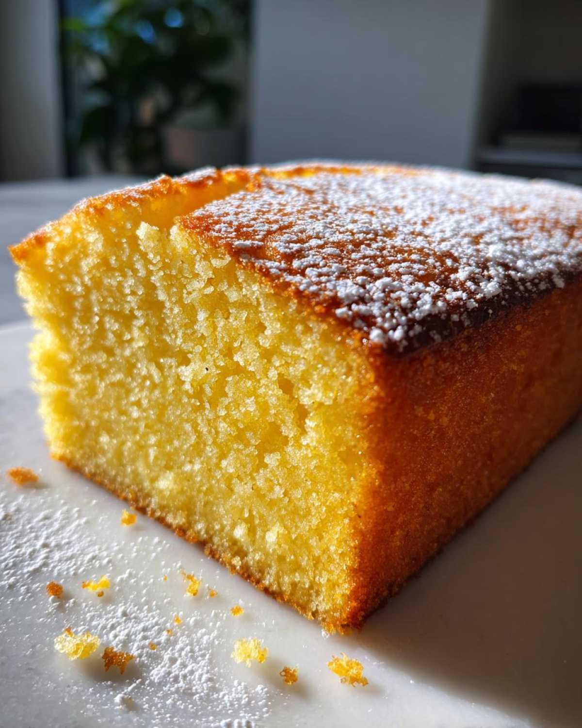 Close-up of a bright yellow slice of olive oil cake dusted with powdered sugar.
