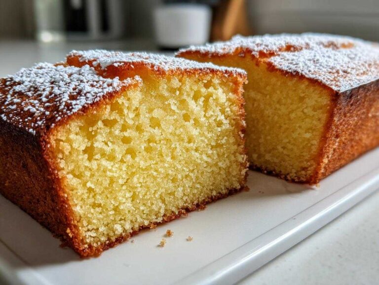 Close-up of a moist, yellow olive oil cake loaf, dusted with powdered sugar, sliced to show the crumb.