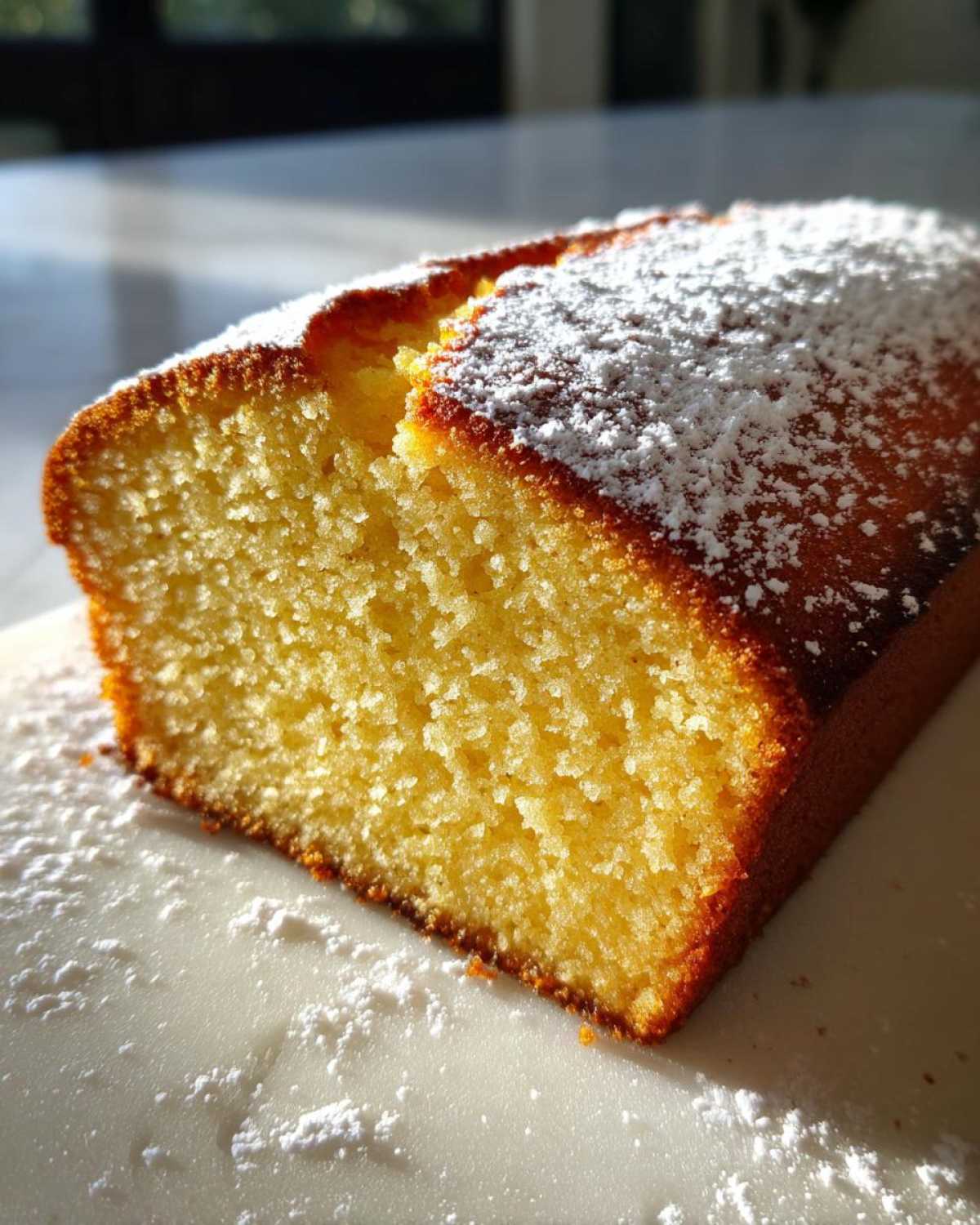 Close-up of a moist, yellow slice of olive oil cake dusted heavily with powdered sugar.