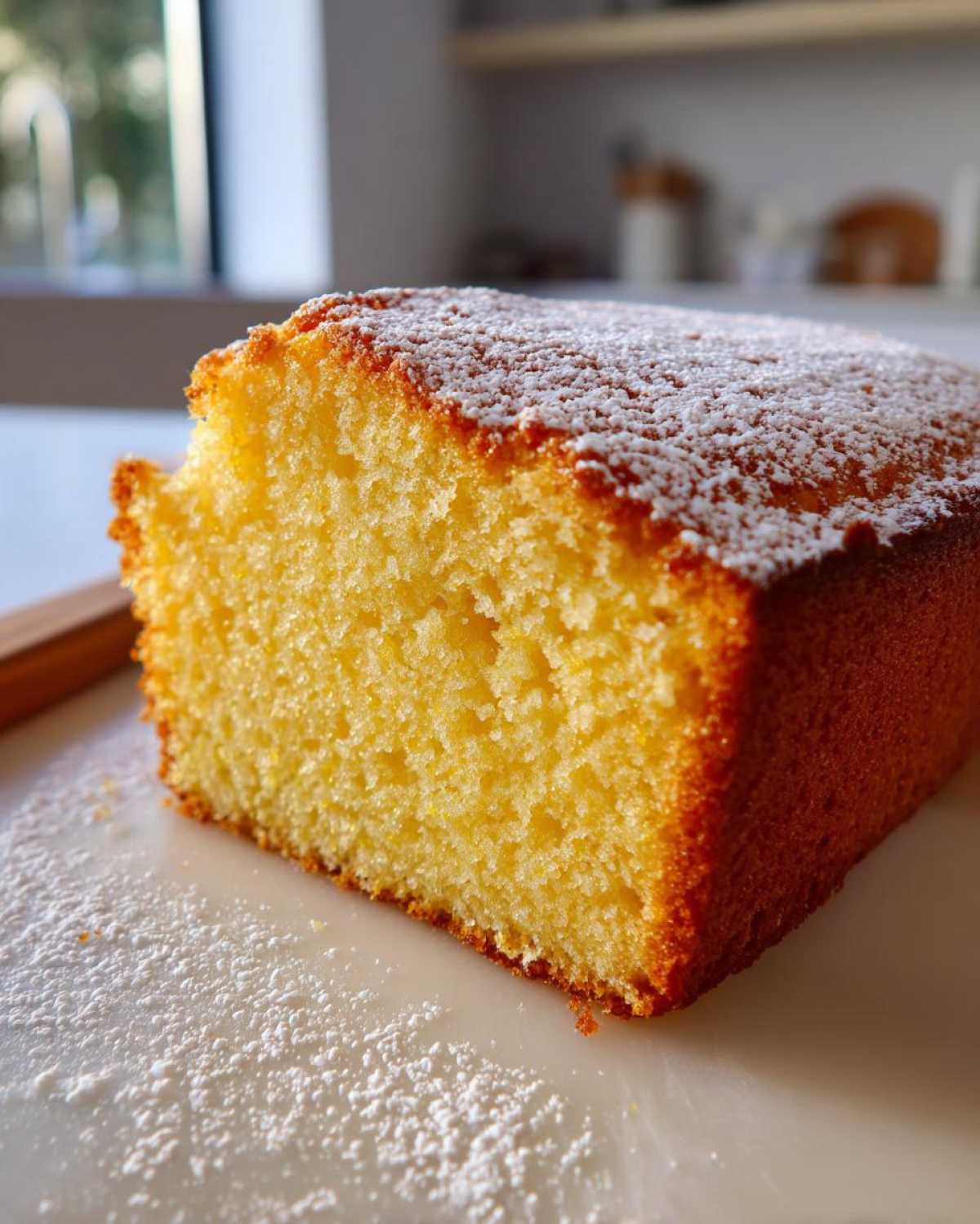 Close-up of a moist, yellow slice of olive oil cake dusted generously with powdered sugar.