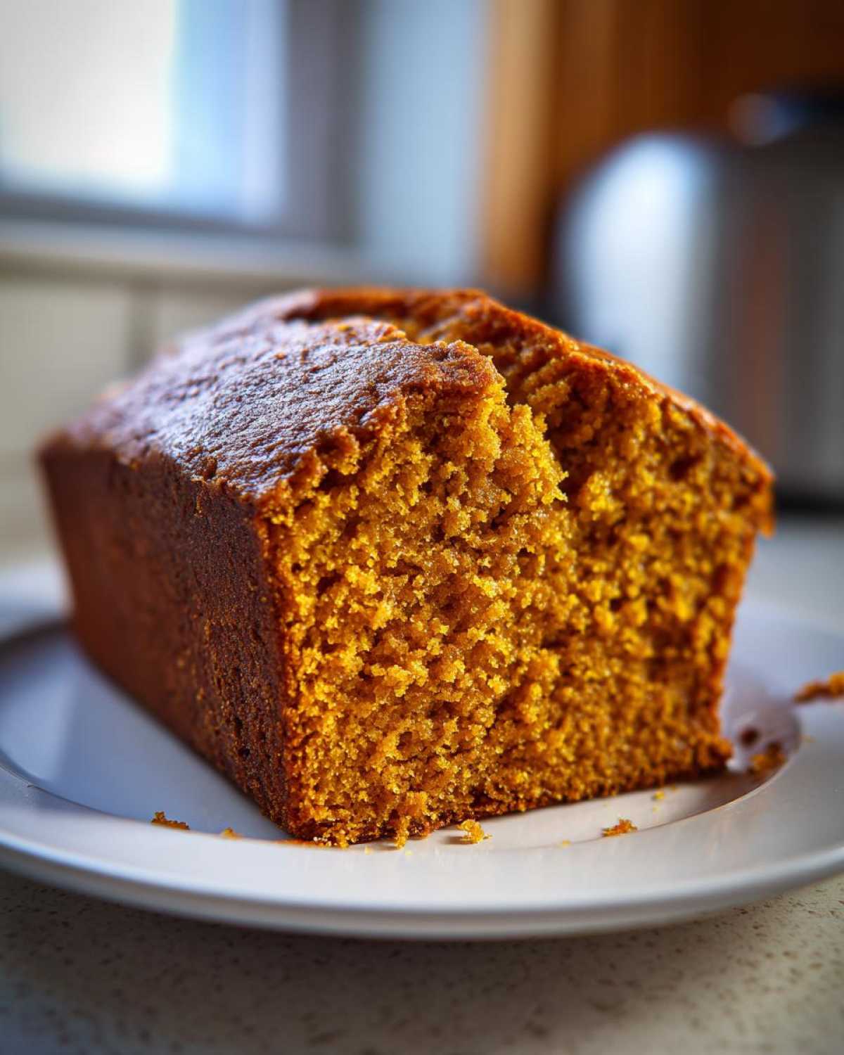 Close-up of a freshly baked, moist loaf of pumpkin bread with a rich orange crumb, sitting on a white plate.