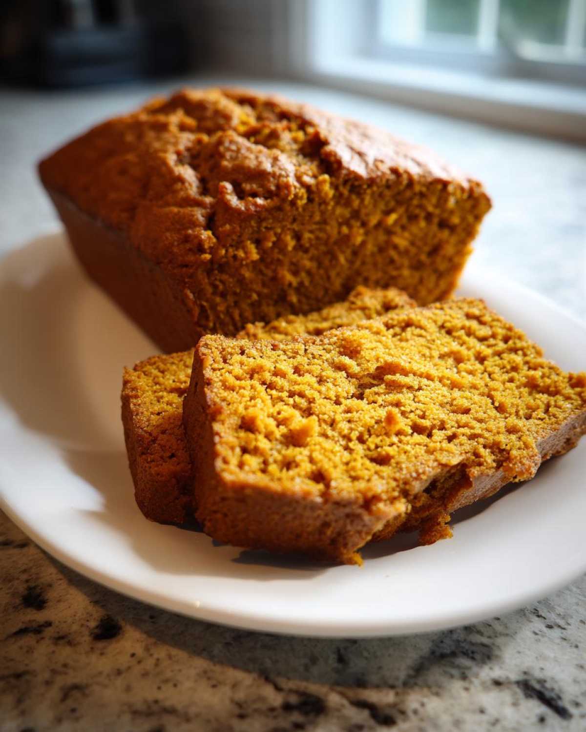 A loaf of moist pumpkin bread with two thick slices cut and resting on a white plate.