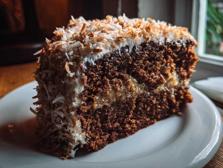 Close-up of a rich slice of german chocolate cake layered with coconut-pecan filling and topped with toasted coconut flakes.