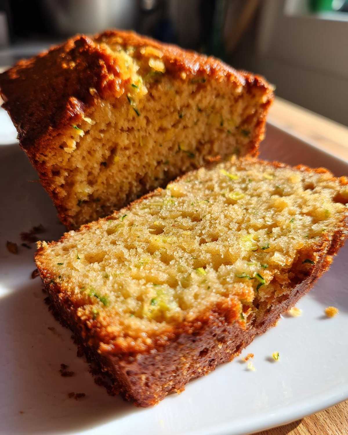 Close-up of a moist slice of golden brown zucchini bread recipe, showing shredded green zucchini throughout the crumb.