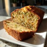 A golden brown loaf of moist zucchini bread recipe, with one thick slice cut and resting beside it on a white plate.