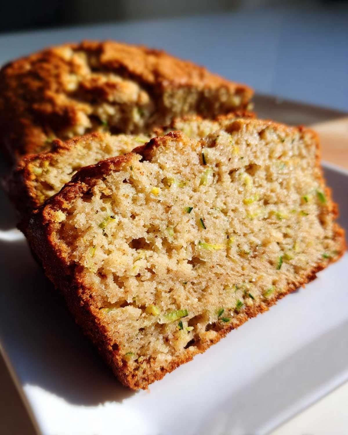 A close-up of a thick slice of moist zucchini bread recipe showing green shreds of zucchini baked into the golden crumb.