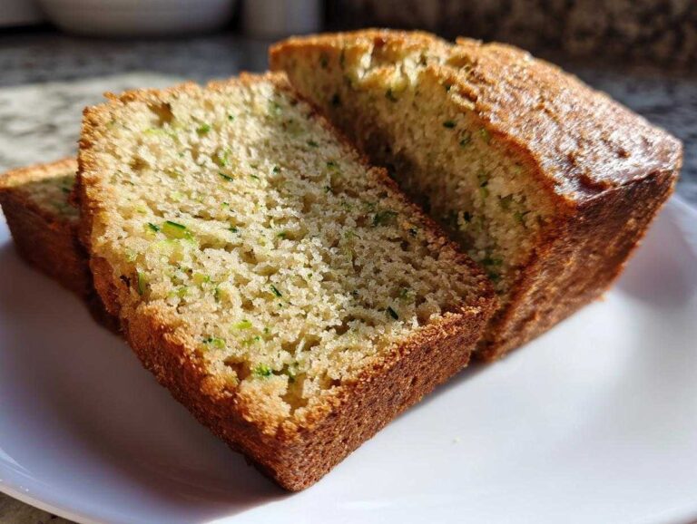 Close-up of three thick slices of golden brown zucchini bread recipe showing moist crumb and flecks of green zucchini.