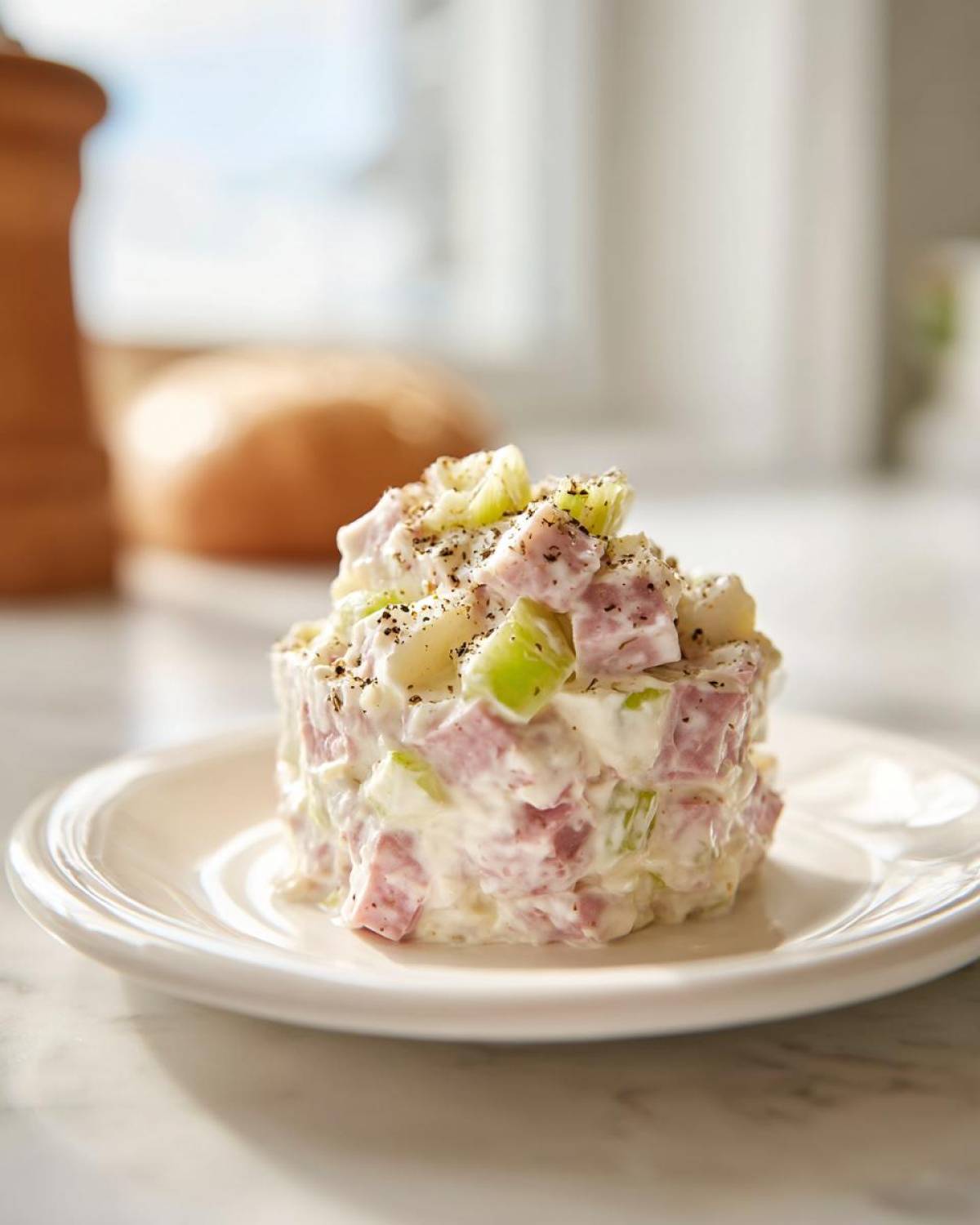 A molded serving of creamy ham salad recipe with diced ham and celery, topped with black pepper.