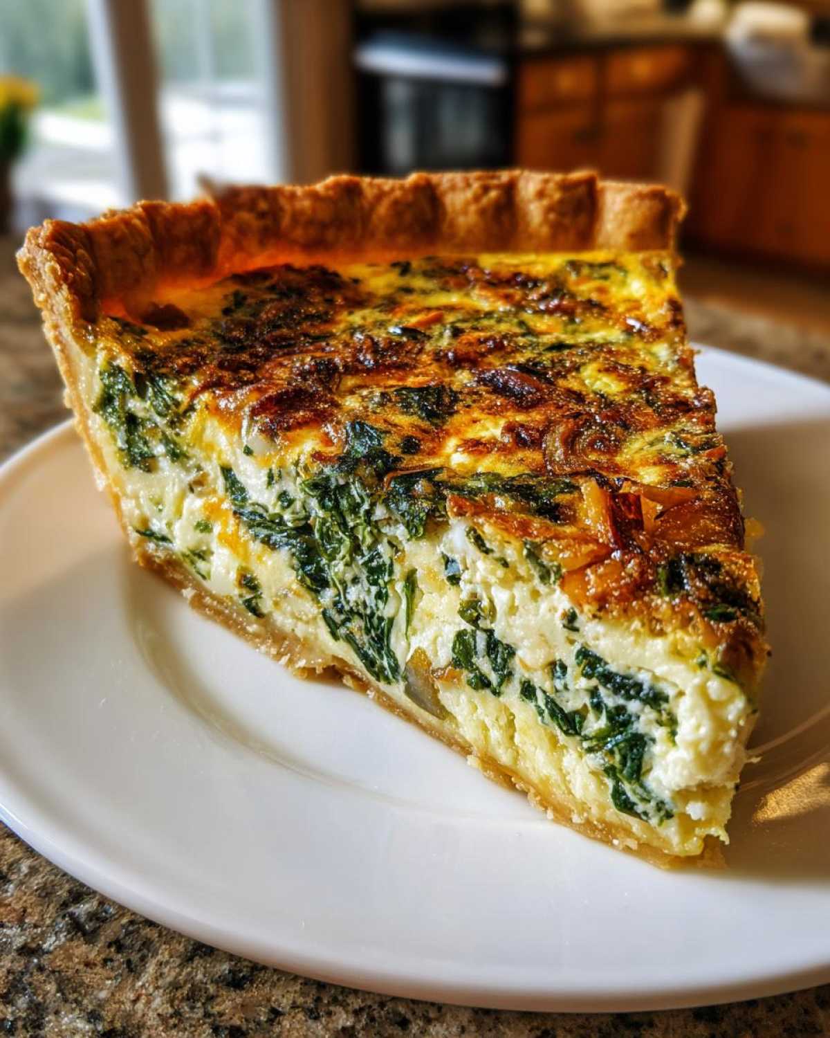 A perfect slice of Mothers Day Fancy Brunch Quiche filled with spinach and cheese on a white plate.