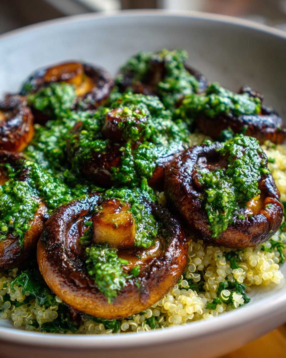 Close-up of roasted portobello mushrooms topped with bright green kale pesto, served over quinoa in a white bowl, part of Mushroom Bowls with Kale Pesto.