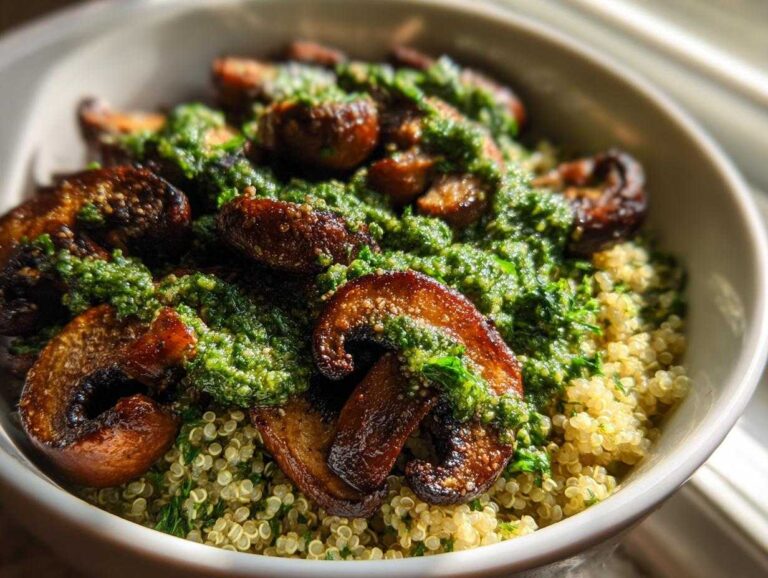 Close-up of a healthy bowl featuring quinoa topped with seared mushrooms and vibrant green kale pesto.
