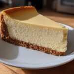 A perfect, crack-free slice of New York cheesecake with a thick graham cracker crust on a white plate.